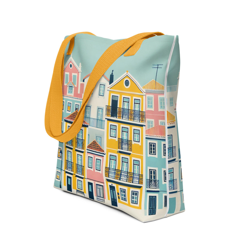 Front view of the Alfama Yellow Houses Tote Bag, featuring Lisbon-inspired design.