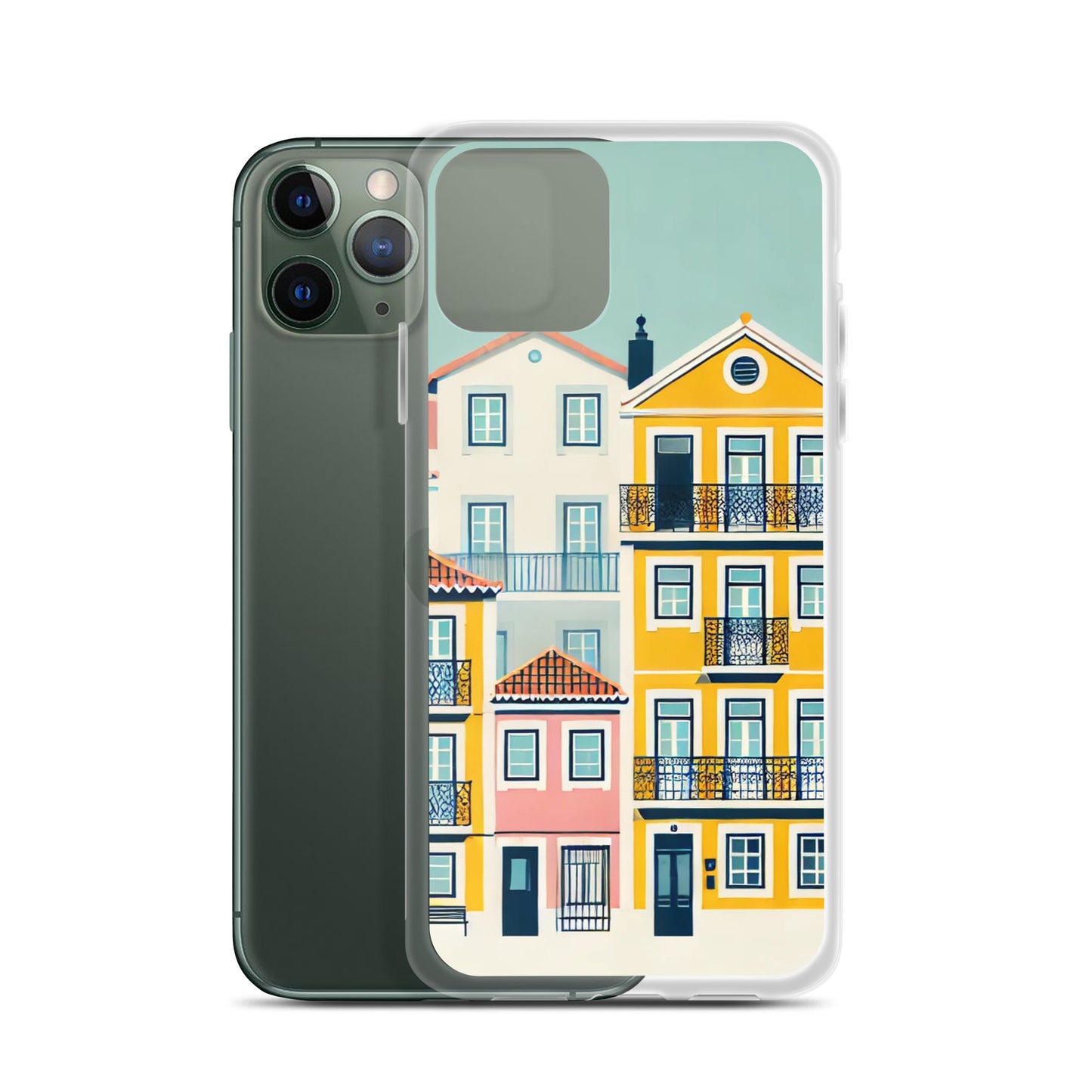 Colorful Portuguese houses design iPhone case, compatible with multiple models.