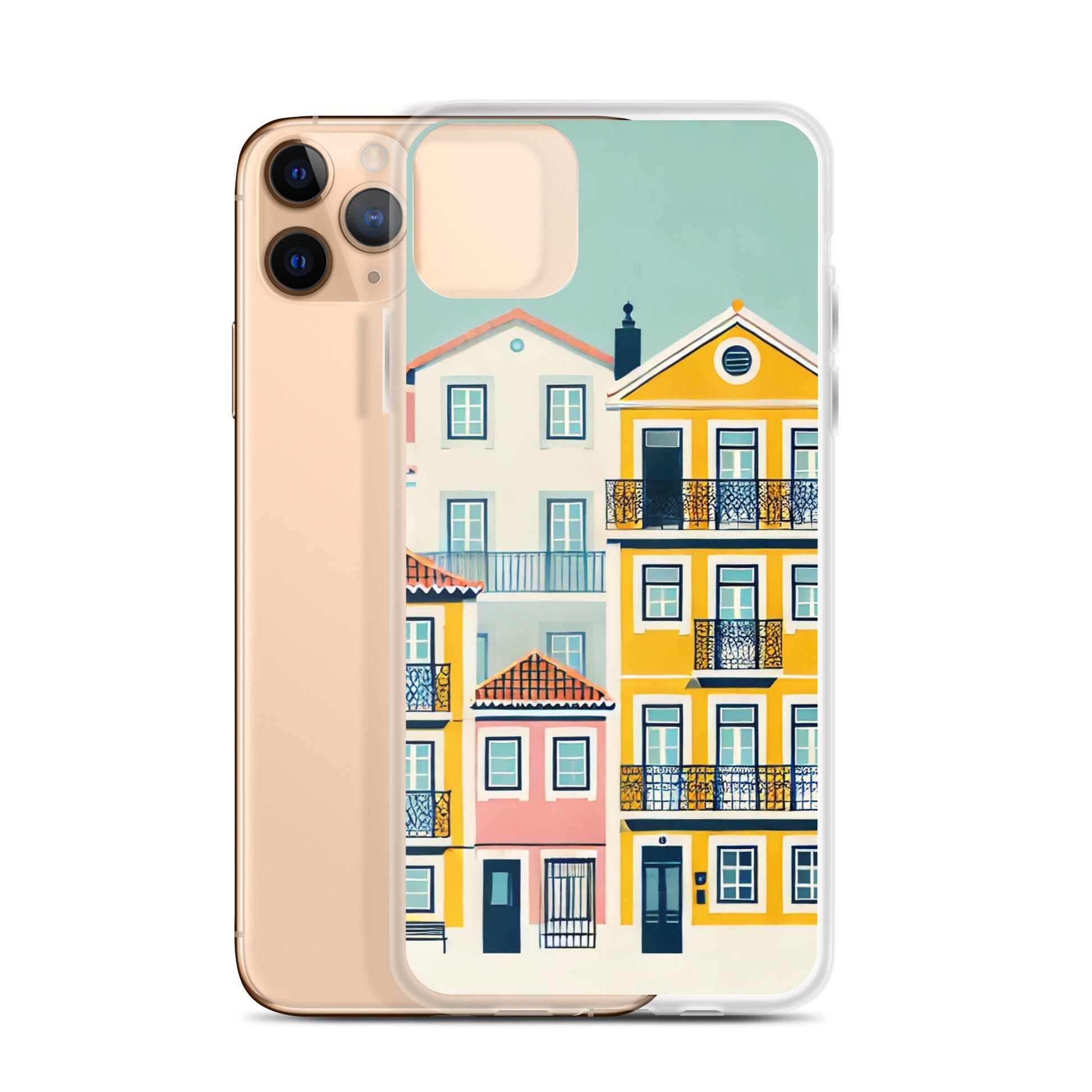 Close-up of the Alfama houses design on Lisbon-inspired iPhone case.