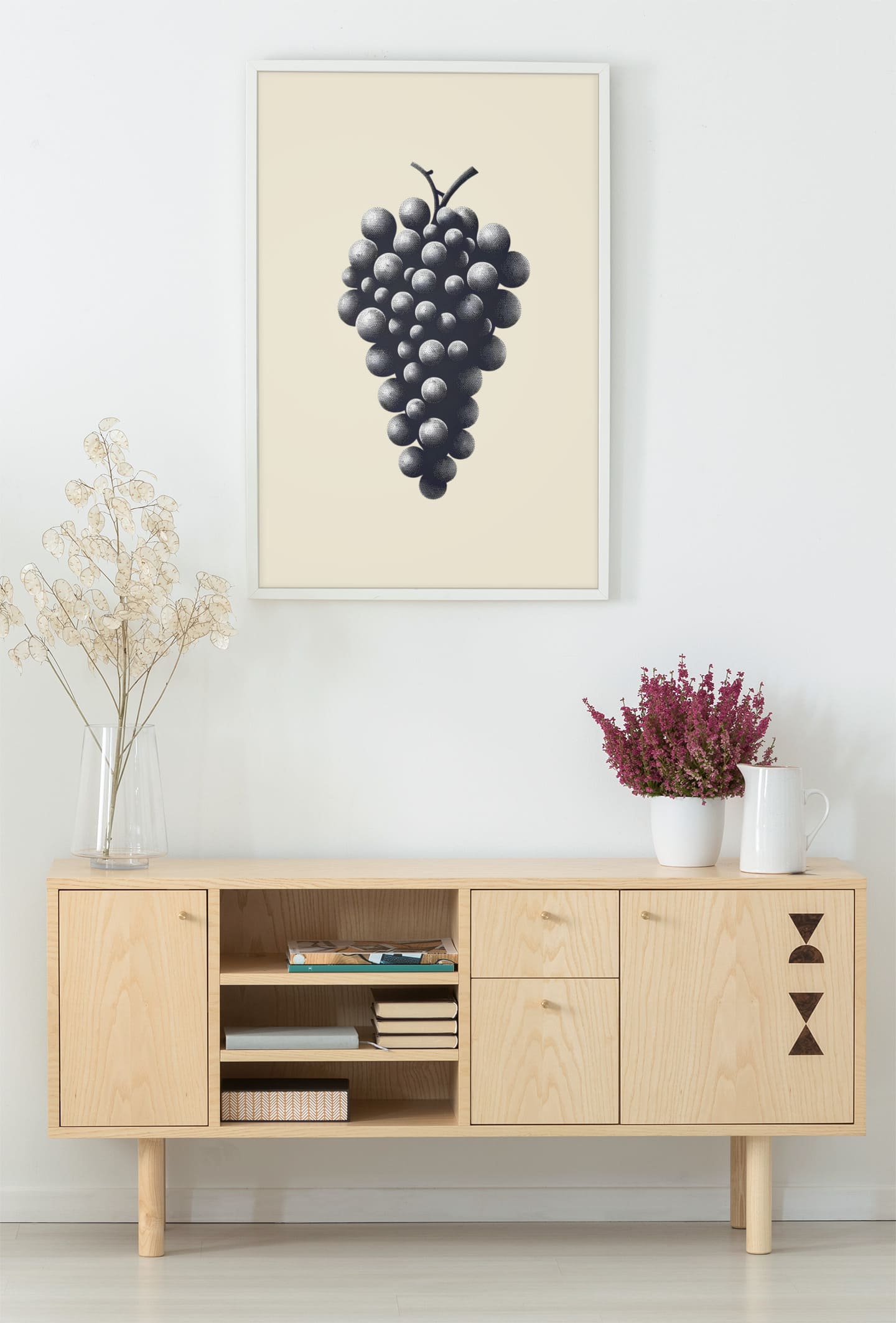 Close-up of the elegant wine grapes design on a minimalist poster.