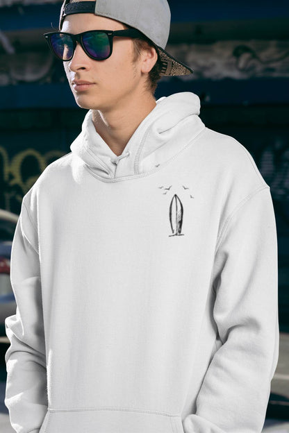 Stylish unisex hoodie with a minimalist surfboard logo inspired by Nazare