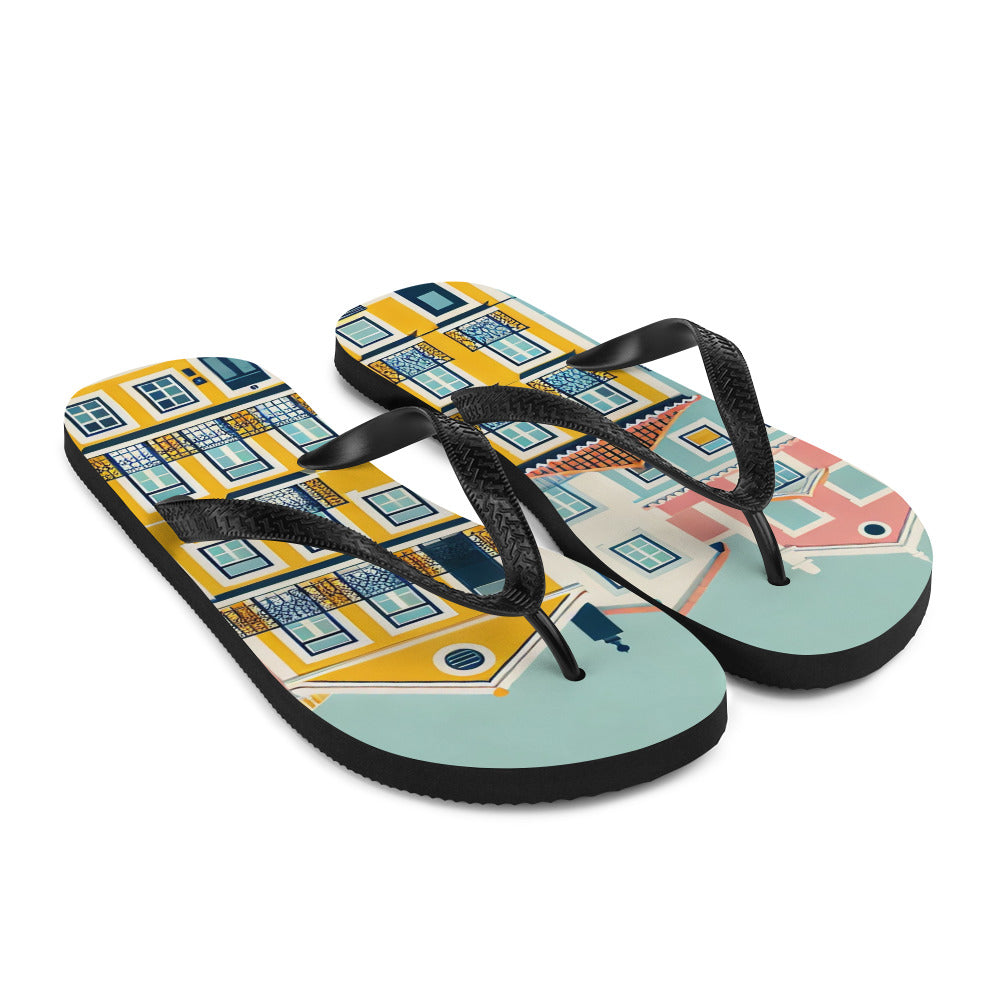 View of the sole on Lisbon-inspired flip flops, designed for durability.