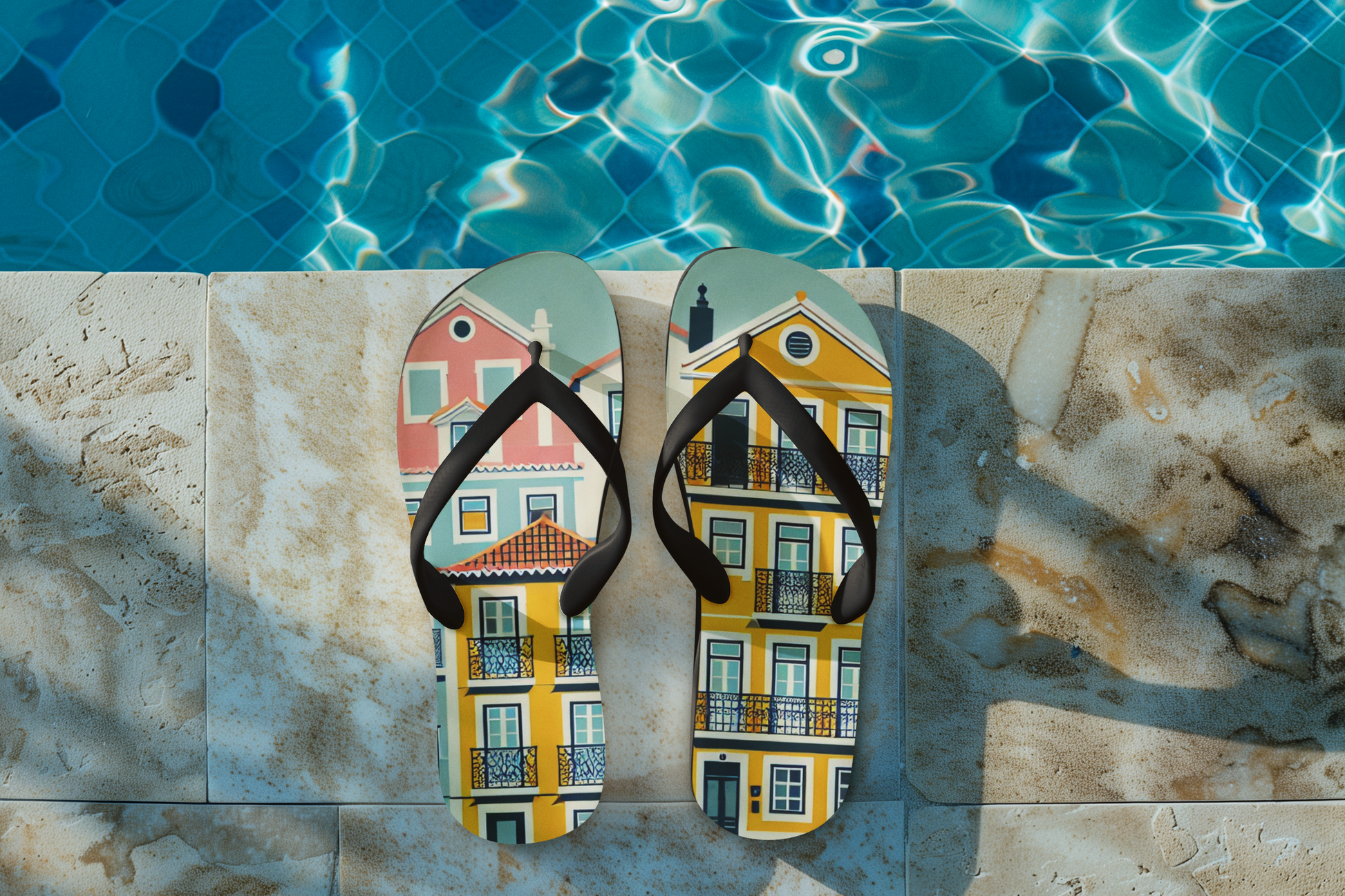 Front view of Lisbon Houses Flip Flops, showcasing the vibrant house design.