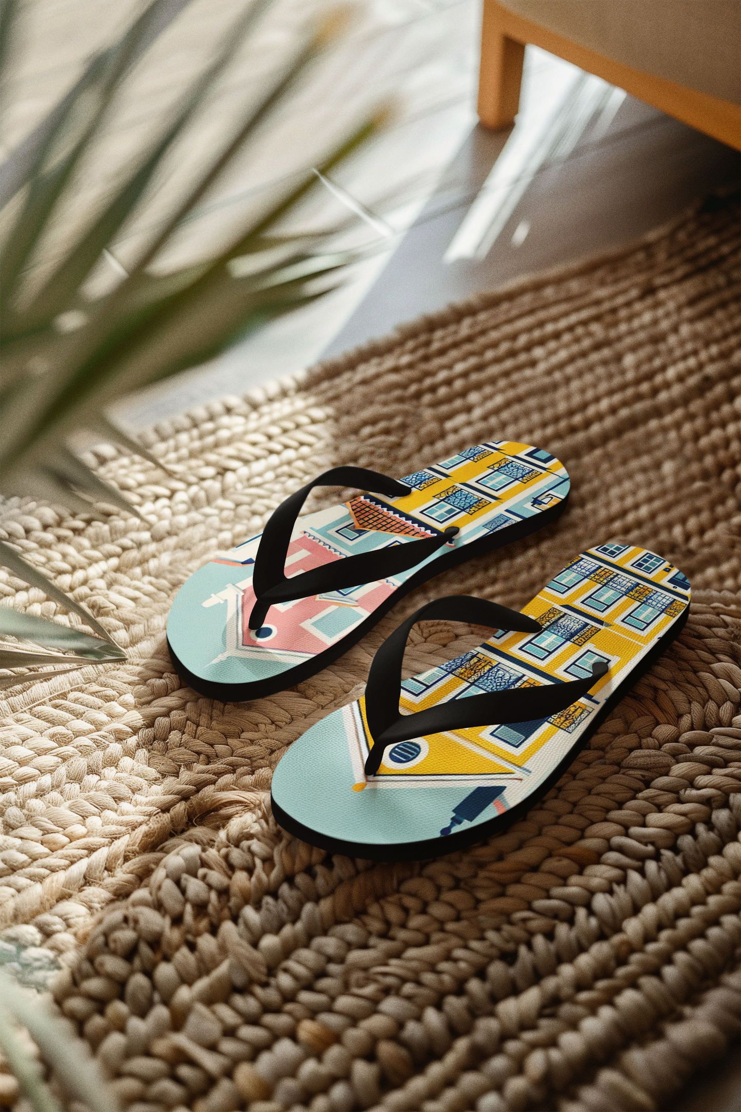 Side view of colorful Lisbon flip flops, inspired by Portuguese architecture.