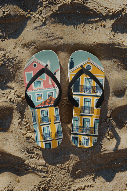 Close-up of the colorful houses design on Lisbon-inspired flip flops.