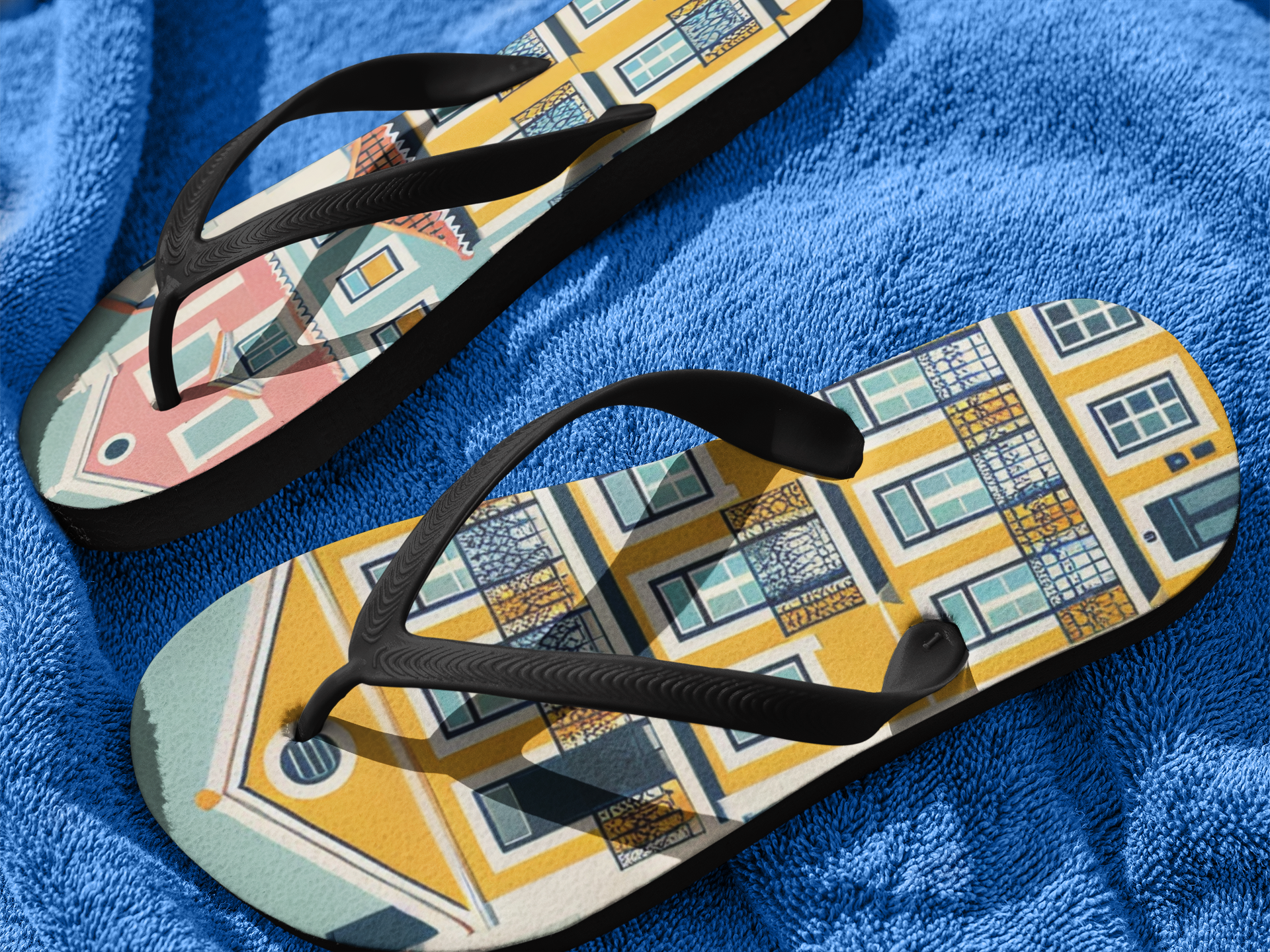 Lisbon Houses Flip Flops on the sand, perfect for beach outings.