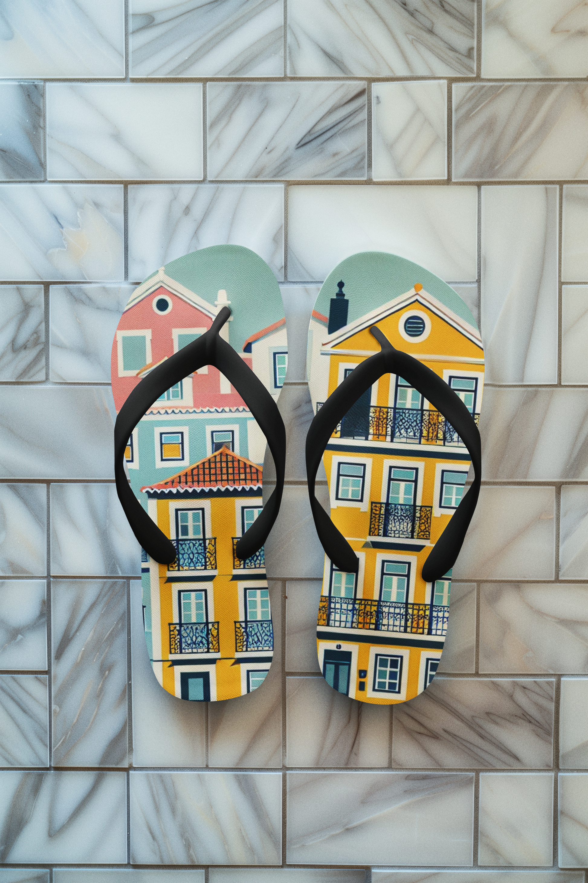 Top view of Portuguese colorful houses design on flip flops.