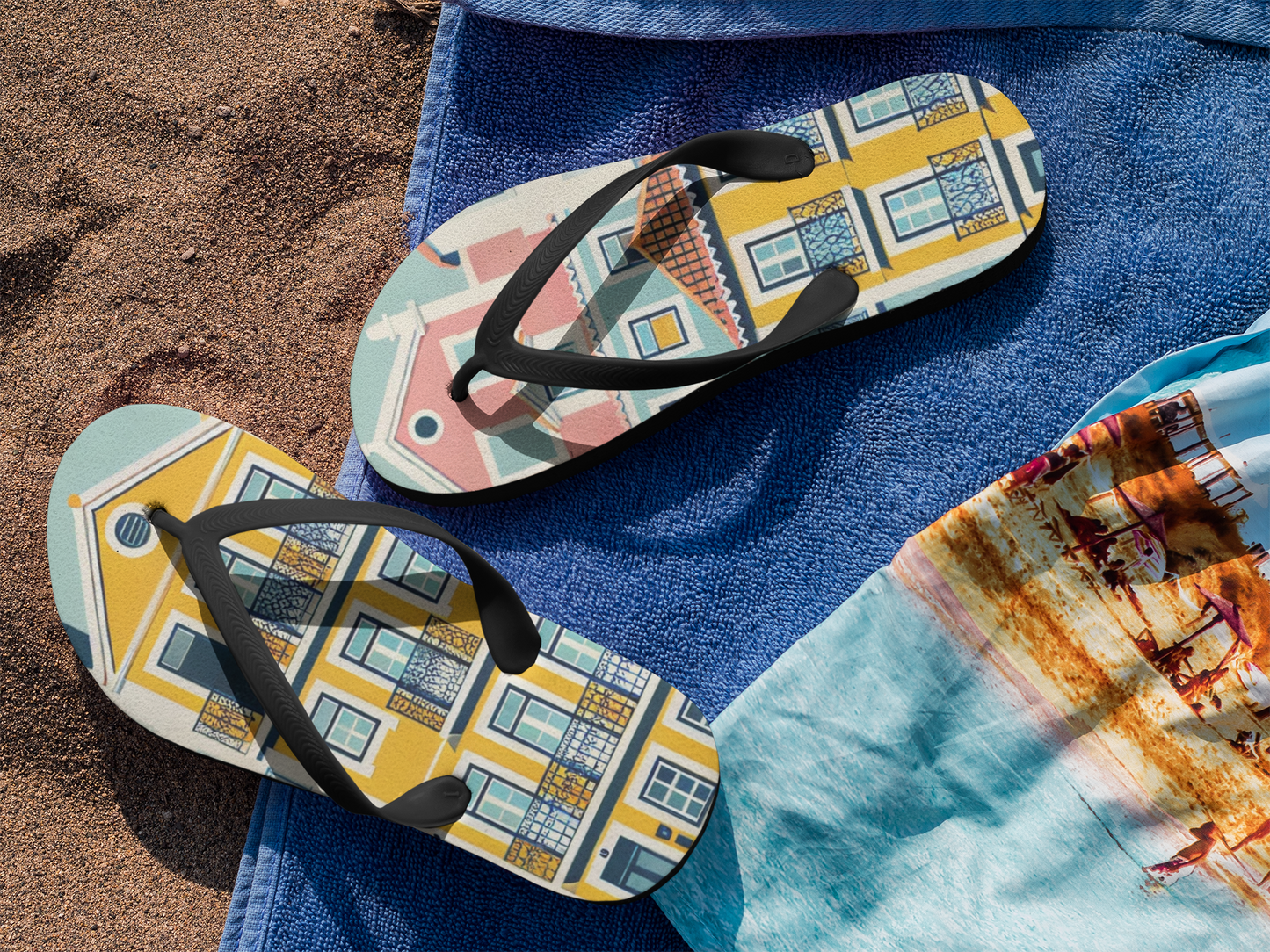 Lisbon Houses Flip Flops pair, showcasing the colorful Portuguese design.