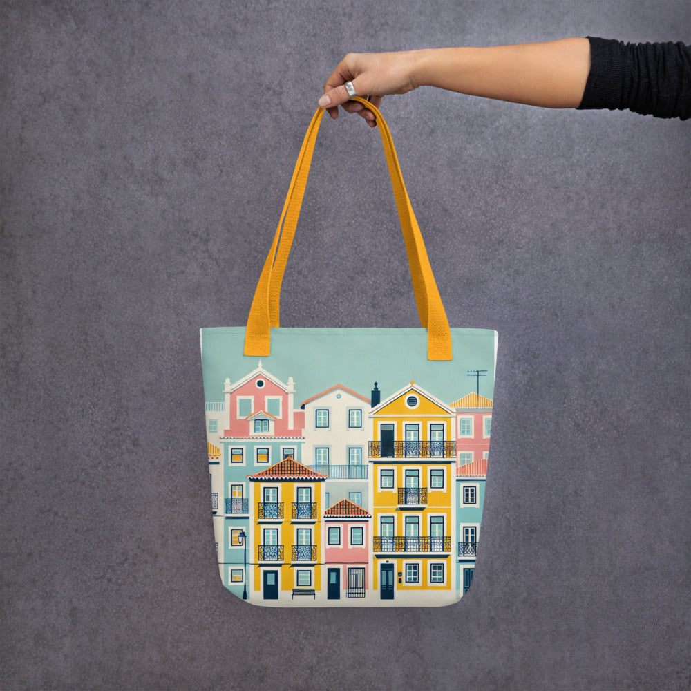 Side view of the Alfama Tote Bag with vibrant yellow house details.