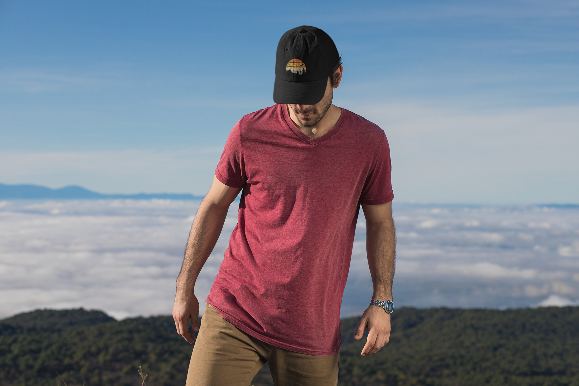 Detailed view of retro mountain and surf logo on the Madeira-inspired cap.