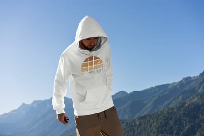 Stylish unisex hoodie with a retro mountain and surf logo, reflecting Madeira’s hiking and surf culture.