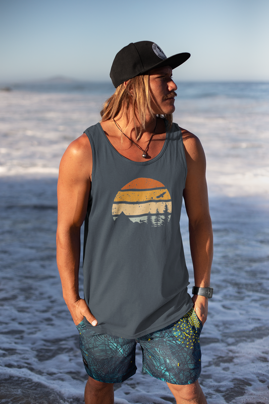 Detailed view of the retro mountain logo on the Madeira-inspired tank top.