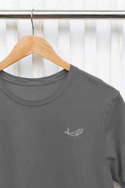 Detailed view of the minimalist embroidered sardine logo on the unisex T-shirt.