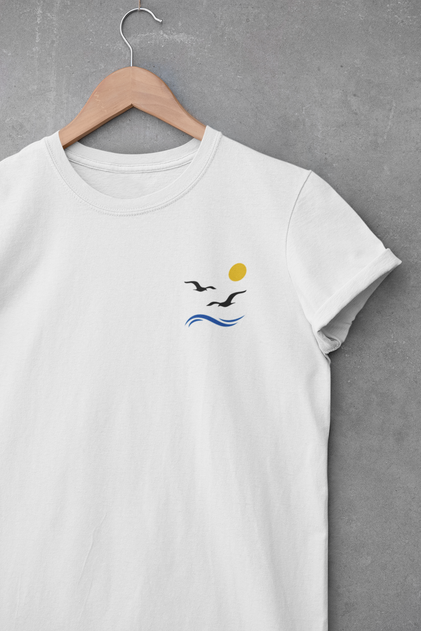 Top view of the sleek seagulls design on the Portugal-inspired T-shirt.