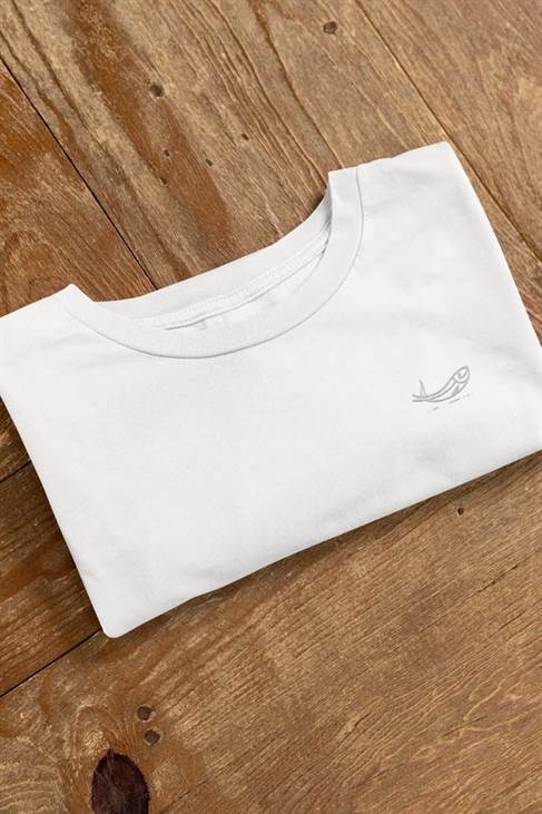 Sustainable fashion piece with an embroidered sardine design on a unisex T-shirt.