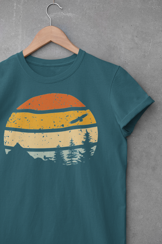 Organic Cotton Madeira Retro Vintage style Mountains T-Shirt, celebrating Portugal’s outdoors.