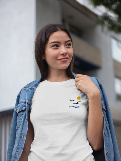 Coastal seagull design on a Gaivotas T-Shirt, inspired by Portugal’s ocean views.