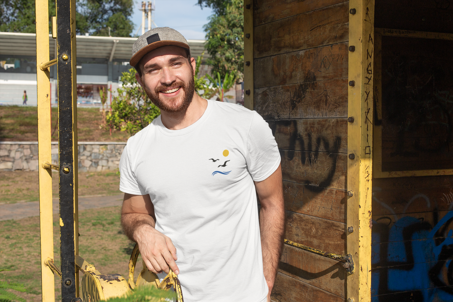 Subtle Portuguese gaivotas design on a unisex T-shirt, perfect for seaside style.