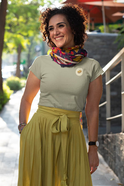 Front view of the Minimalist Pastel de Nata Women’s T-Shirt, showcasing Lisbon chic style.