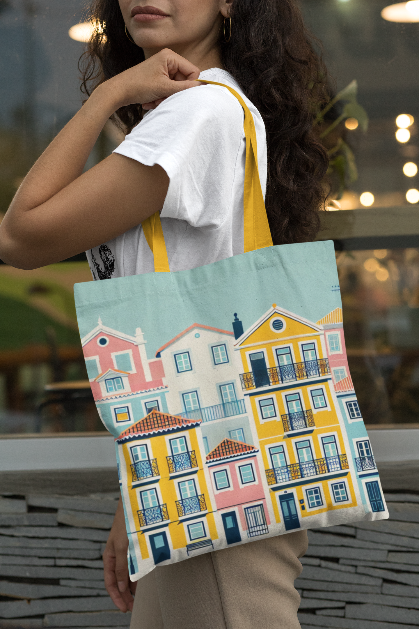 Eco-friendly tote bag with Lisbon’s Alfama yellow houses design.