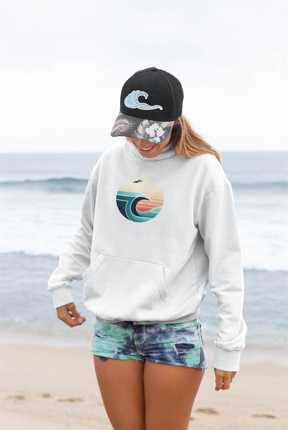 Retro wave and seagull hoodie with an eco-friendly tag.