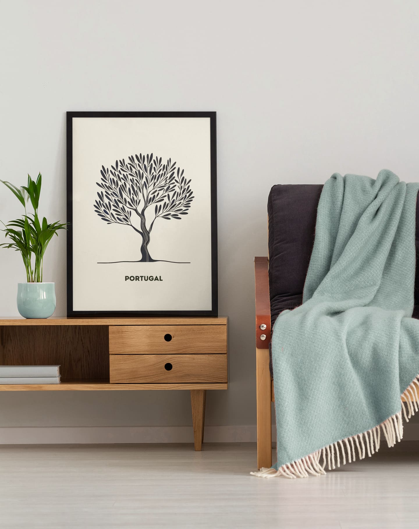 Folded Minimalist Olive Tree Poster, showing Portuguese-inspired design.