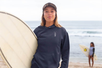 Eco-friendly hoodie featuring an organic cotton surfboard design