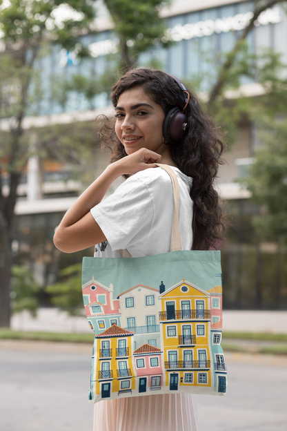 Packaging of the Alfama Yellow Houses Tote Bag with Lisbon-inspired style.