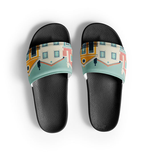 Top view of the Alfama Yellow Houses Slide Slippers, showing Lisbon-inspired design.